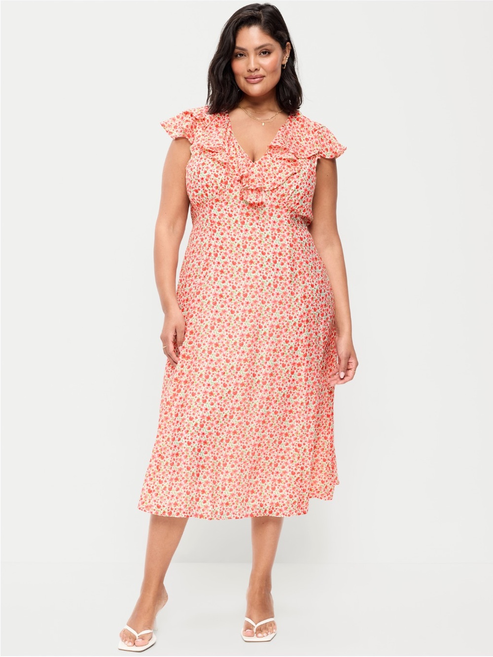 Old Navy Red Floral Midi Dress with Ruffles
